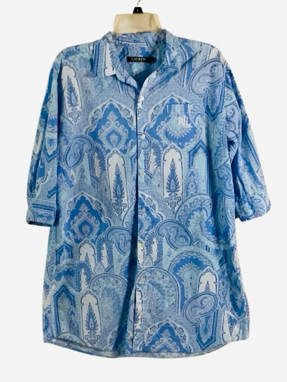 Lauren Ralph Lauren Light and Medium Blue Paisley Cotton Button-Down Shirt Med